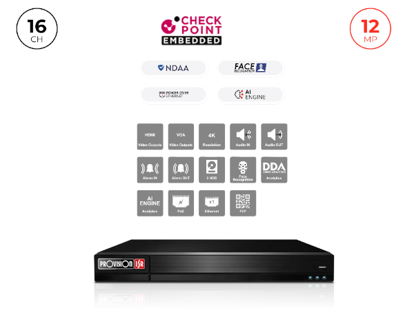 מכשיר הקלטה Provision NVR 16400PFAN POE Up to 12MP 4K 2TB disk 1U