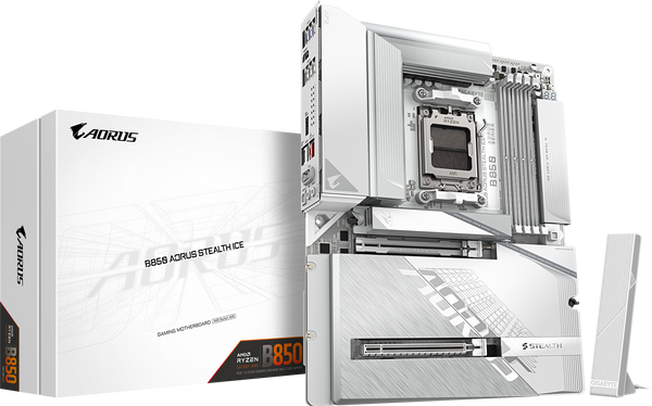 לוח לבן עם מחברי חשמל מאחור Gigabyte B850 A STEALTH ICE AM5 DDR5 WiFi7