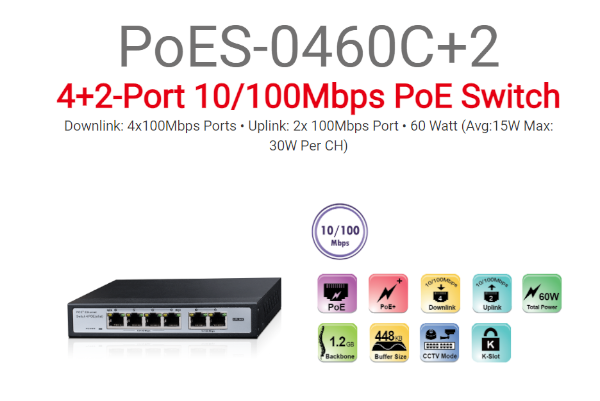סוויץ Provision 4+2 PORT 10/100Mbps PoE 30W per Channel