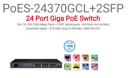 מתג Provison 24 PORT POE SWITCH 2XSFP UPLINK PORTS 380W Total